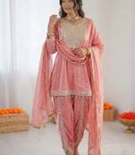 light Onion Pink Art Silk Thread with Mirror Dhoti Suit 
