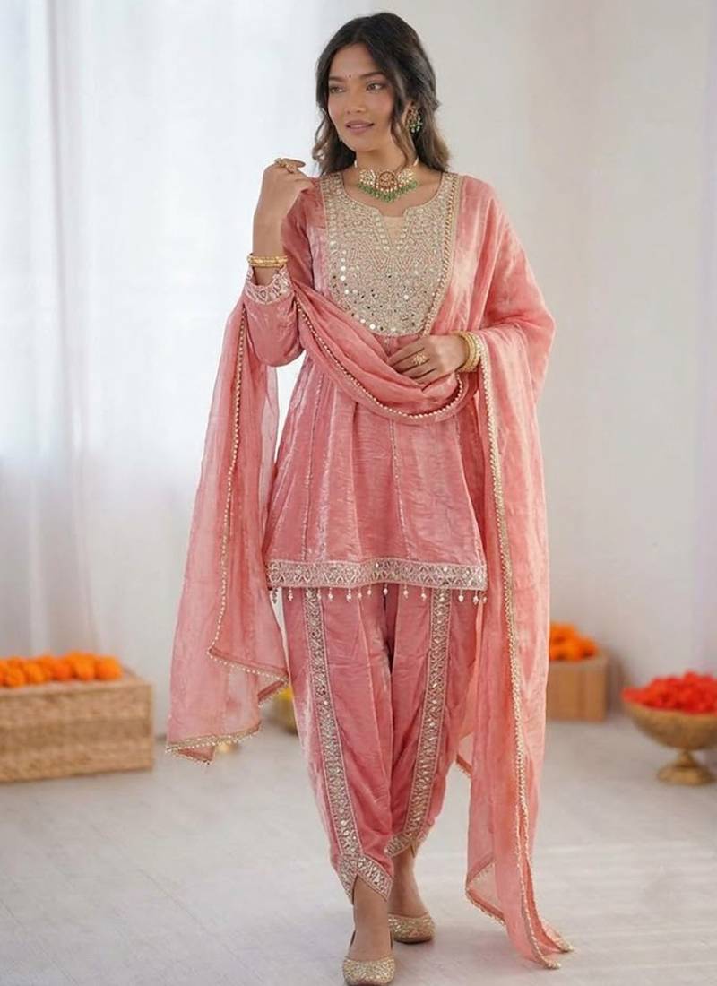 light Onion Pink Art Silk Thread with Mirror Dhoti Suit 