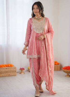 light Onion Pink Art Silk Thread with Mirror Dhoti Suit  2