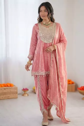 light Onion Pink Art Silk Thread with Mirror Dhoti Suit 