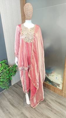 light Onion Pink Art Silk Thread with Mirror Dhoti Suit  4