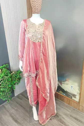 light Onion Pink Art Silk Thread with Mirror Dhoti Suit 
