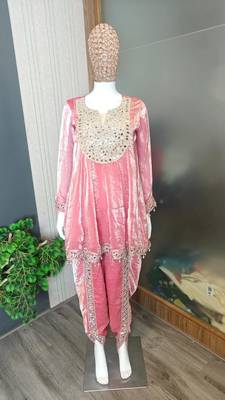 light Onion Pink Art Silk Thread with Mirror Dhoti Suit  5