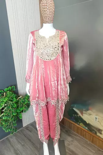 light Onion Pink Art Silk Thread with Mirror Dhoti Suit 