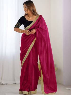 Red embellished sequinned saree with blouse piece 1