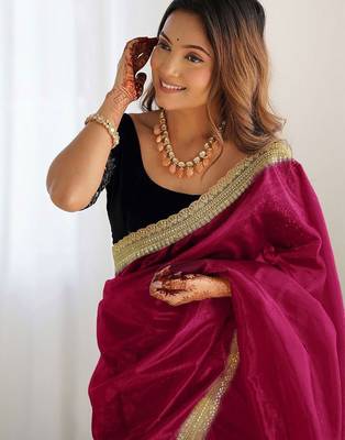 Red embellished sequinned saree with blouse piece 4