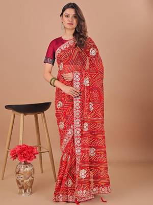 Red bandhani gotta patti poly georgette bandhani saree 1