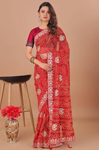 Red bandhani gotta patti poly georgette bandhani saree