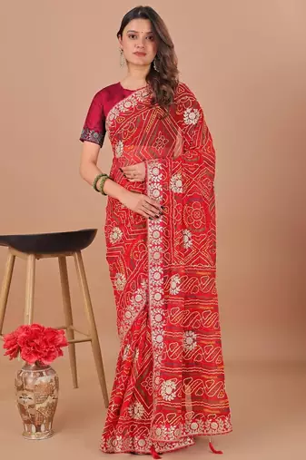 Red bandhani gotta patti poly georgette bandhani saree