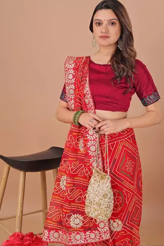 Red bandhani gotta patti poly georgette bandhani saree