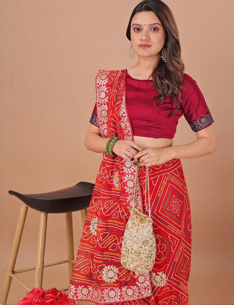 Red bandhani gotta patti poly georgette bandhani saree