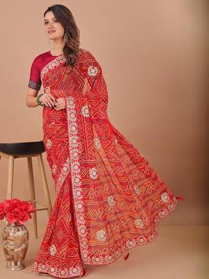 Red bandhani gotta patti poly georgette bandhani saree 3