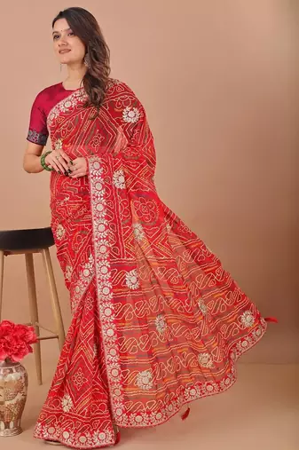 Red bandhani gotta patti poly georgette bandhani saree