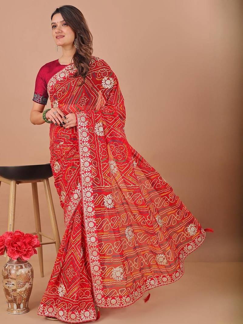 Red bandhani gotta patti poly georgette bandhani saree
