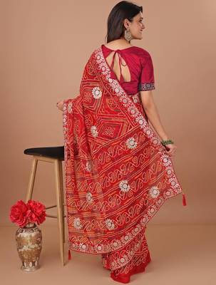 Red bandhani gotta patti poly georgette bandhani saree 4