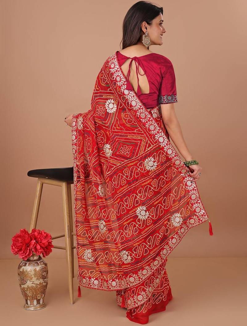 Red bandhani gotta patti poly georgette bandhani saree