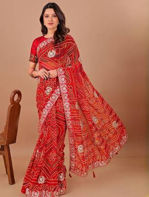 Red bandhani embroidered poly georgette bandhani saree 1