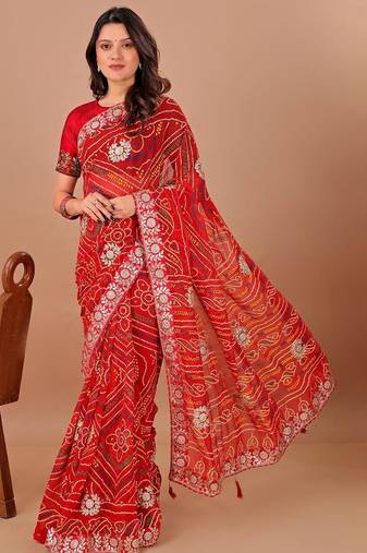 Red bandhani embroidered poly georgette bandhani saree