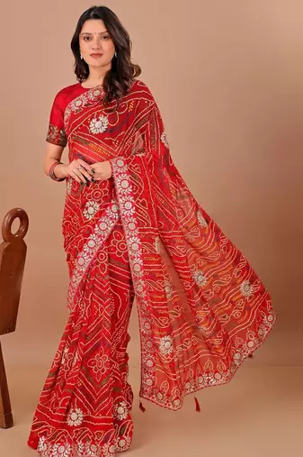 Red bandhani embroidered poly georgette bandhani saree