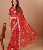 Red bandhani embroidered poly georgette bandhani saree