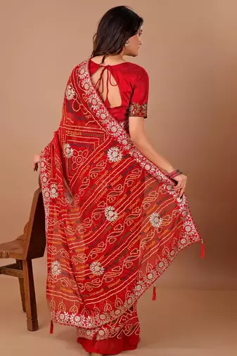 Red bandhani embroidered poly georgette bandhani saree