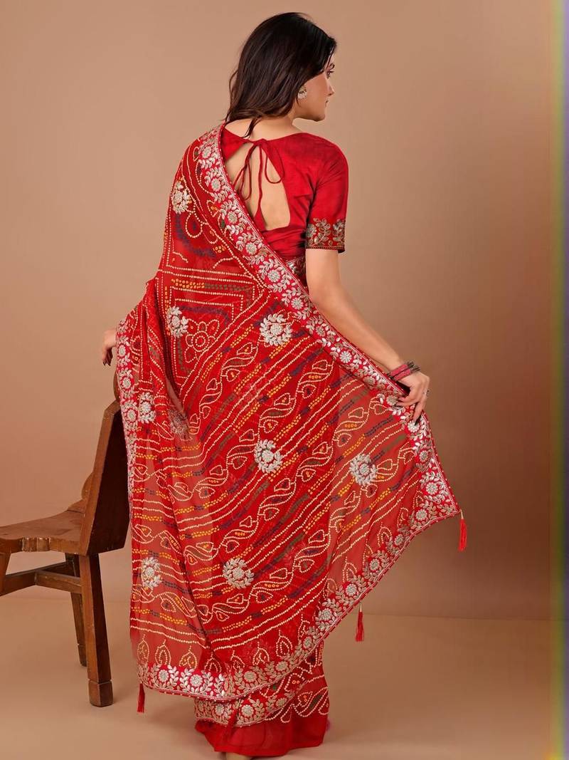 Red bandhani embroidered poly georgette bandhani saree