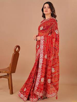 Red bandhani embroidered poly georgette bandhani saree 3