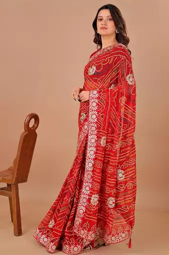 Red bandhani embroidered poly georgette bandhani saree