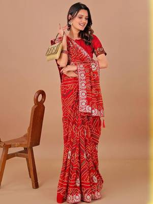Red bandhani embroidered poly georgette bandhani saree 4