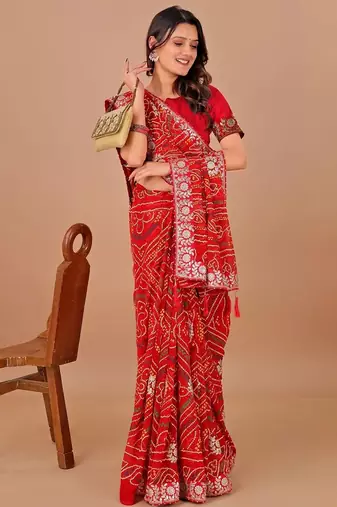 Red bandhani embroidered poly georgette bandhani saree