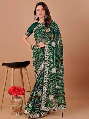 Green bandhani printed georgette saree 1