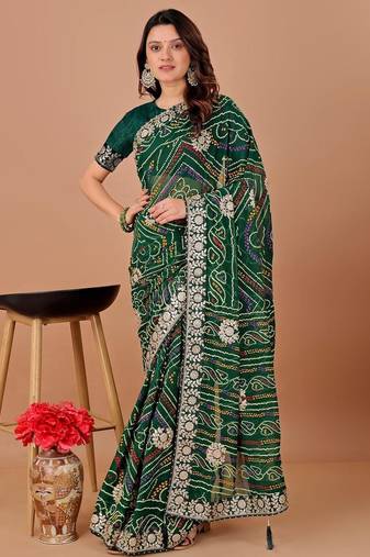 Green bandhani printed georgette saree