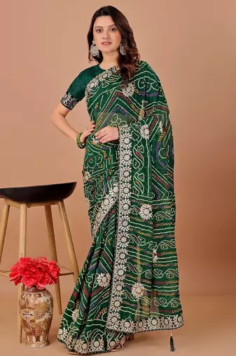 Green bandhani printed georgette saree