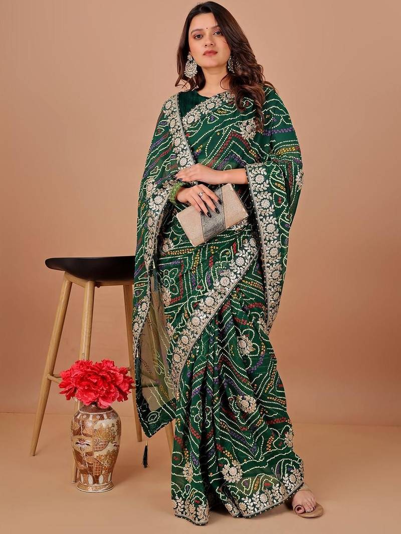 Green bandhani printed georgette saree