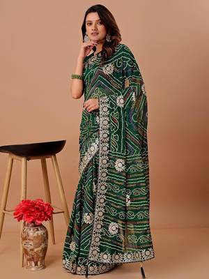 Green bandhani printed georgette saree 3