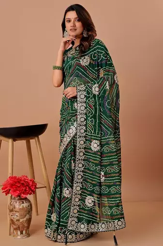 Green bandhani printed georgette saree