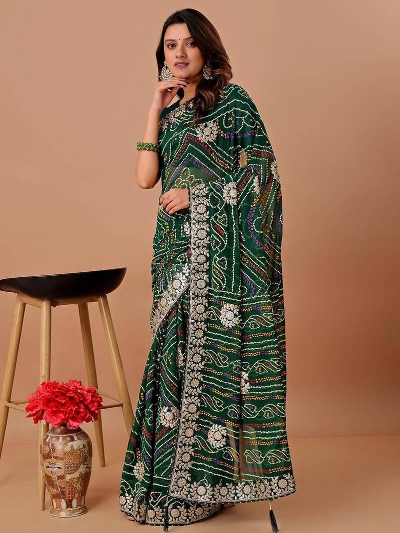 Green bandhani printed georgette saree