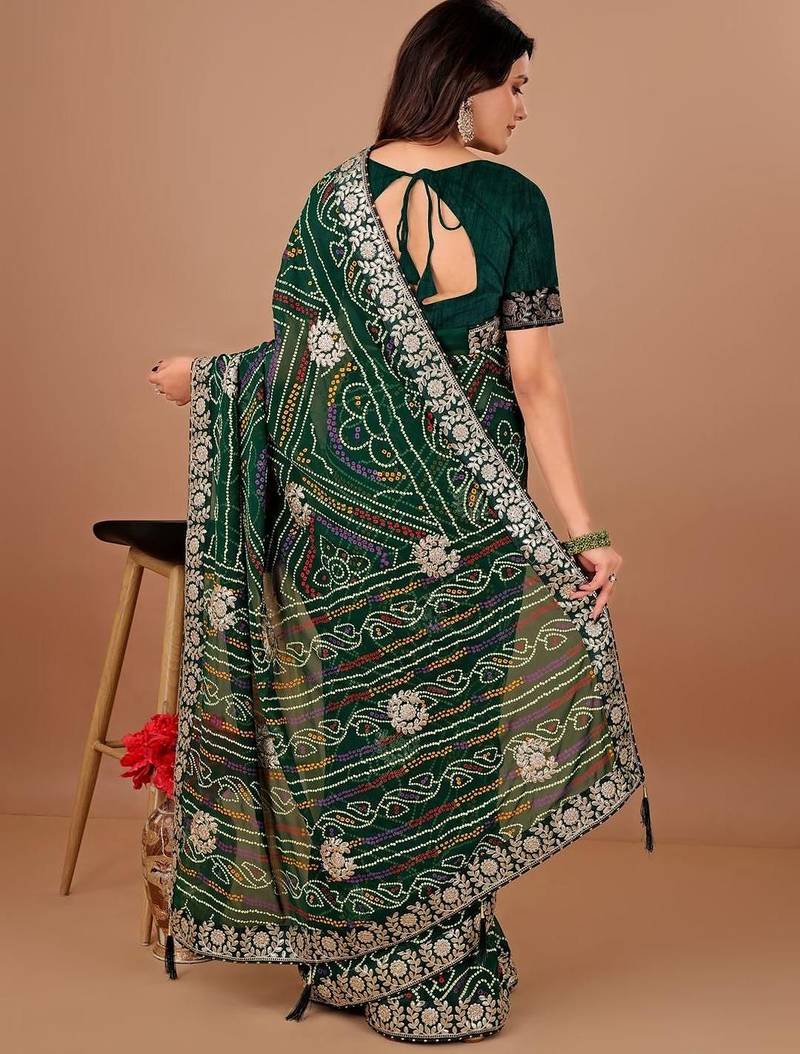 Green bandhani printed georgette saree