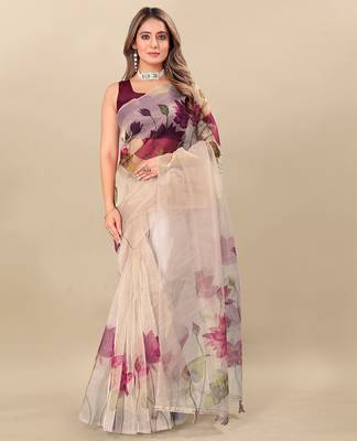 Cream floral printed organza saree 1