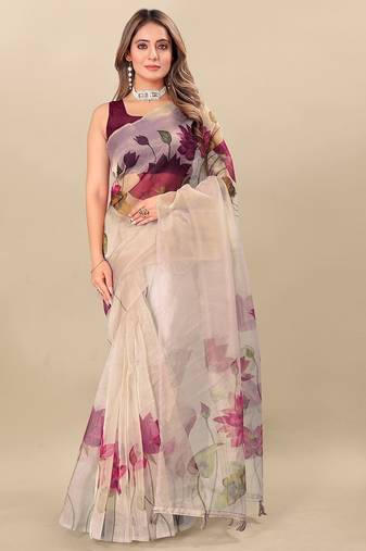 Cream floral printed organza saree
