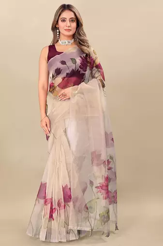 Cream floral printed organza saree