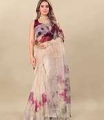 Cream floral printed organza saree