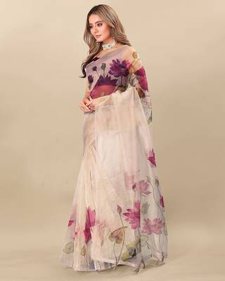 Cream floral printed organza saree 2