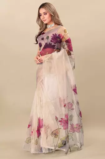 Cream floral printed organza saree