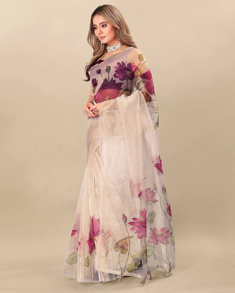 Cream floral printed organza saree