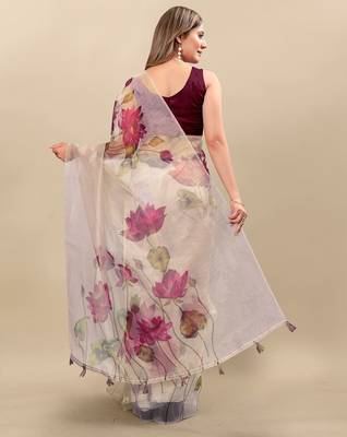 Cream floral printed organza saree 3