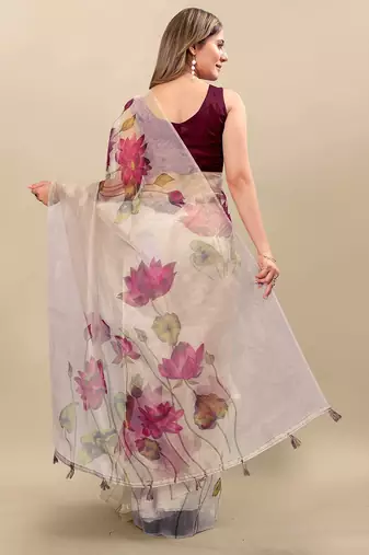 Cream floral printed organza saree