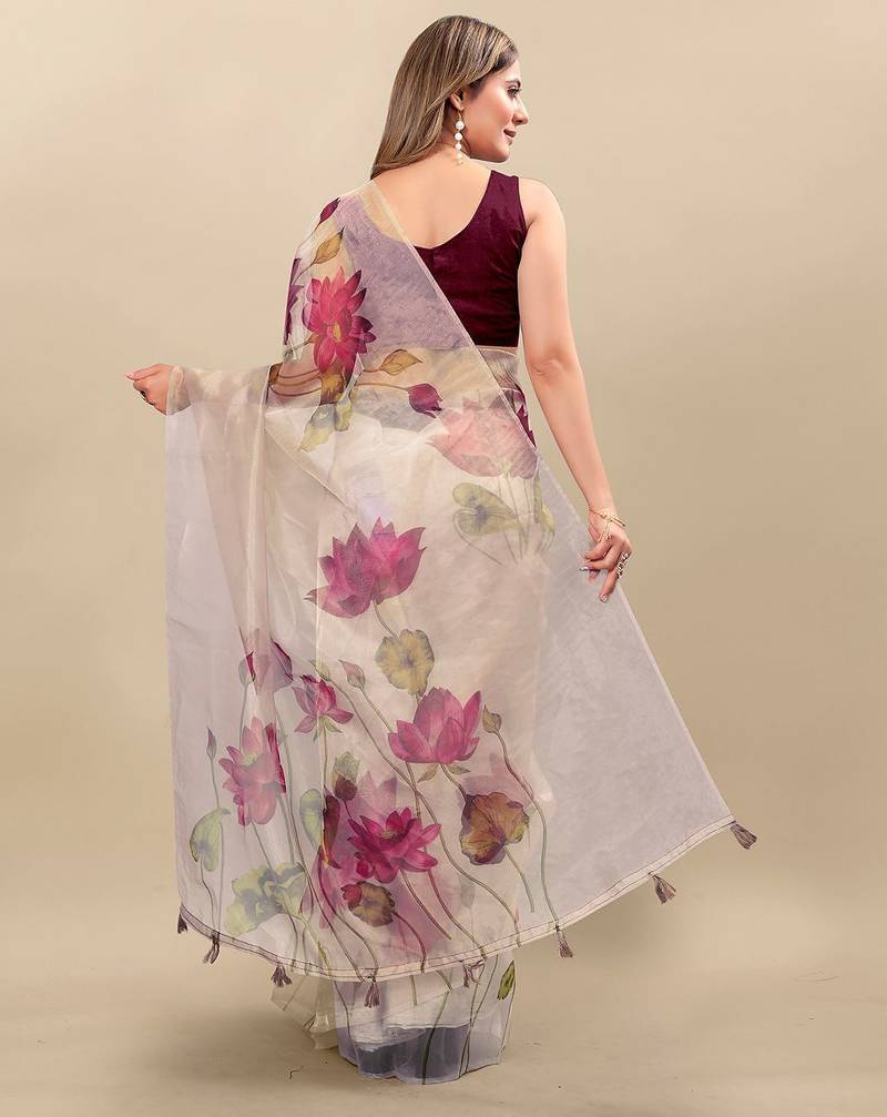 Cream floral printed organza saree