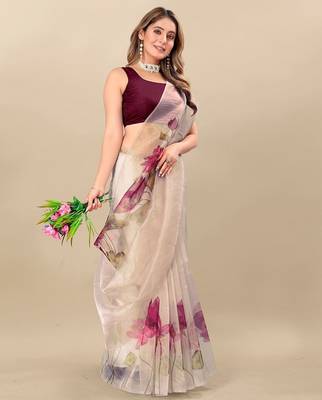 Cream floral printed organza saree 4