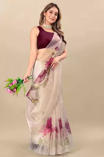 Cream floral printed organza saree